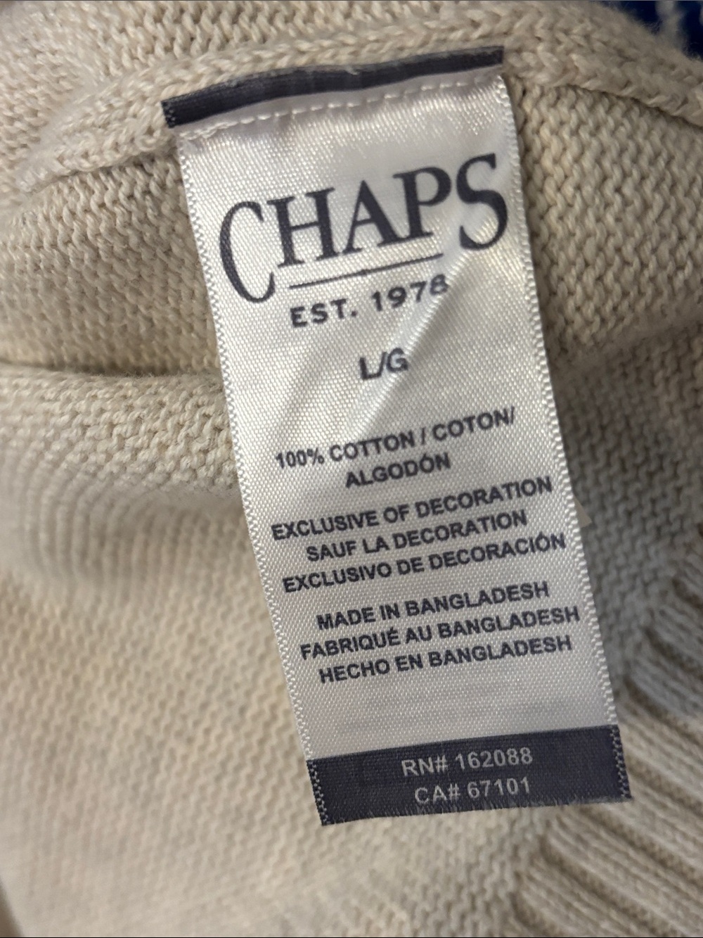 CHAPS Men’s L Fair Isle Nordic Sweater 100% Cotton Quarter Button Cream - Picture 6 of 10